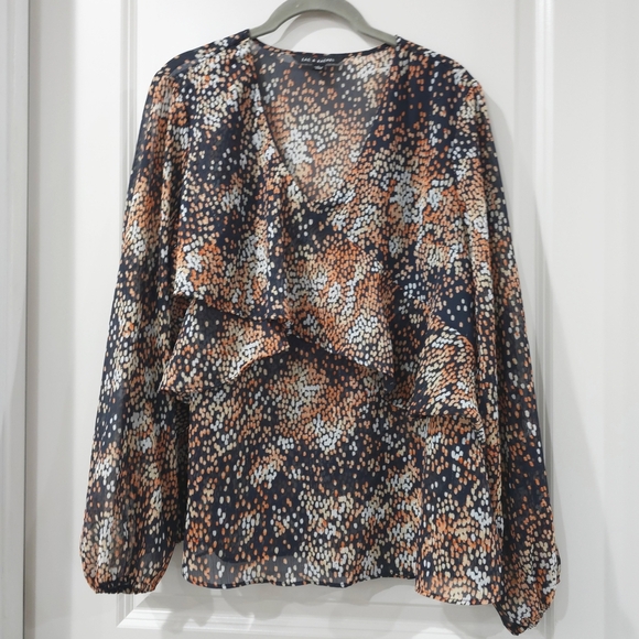 Zac & Rachel Navy Multicolor Polka Dot Long Sleeve  V Neck Blouse, Semi Sheer, L - Picture 2 of 15